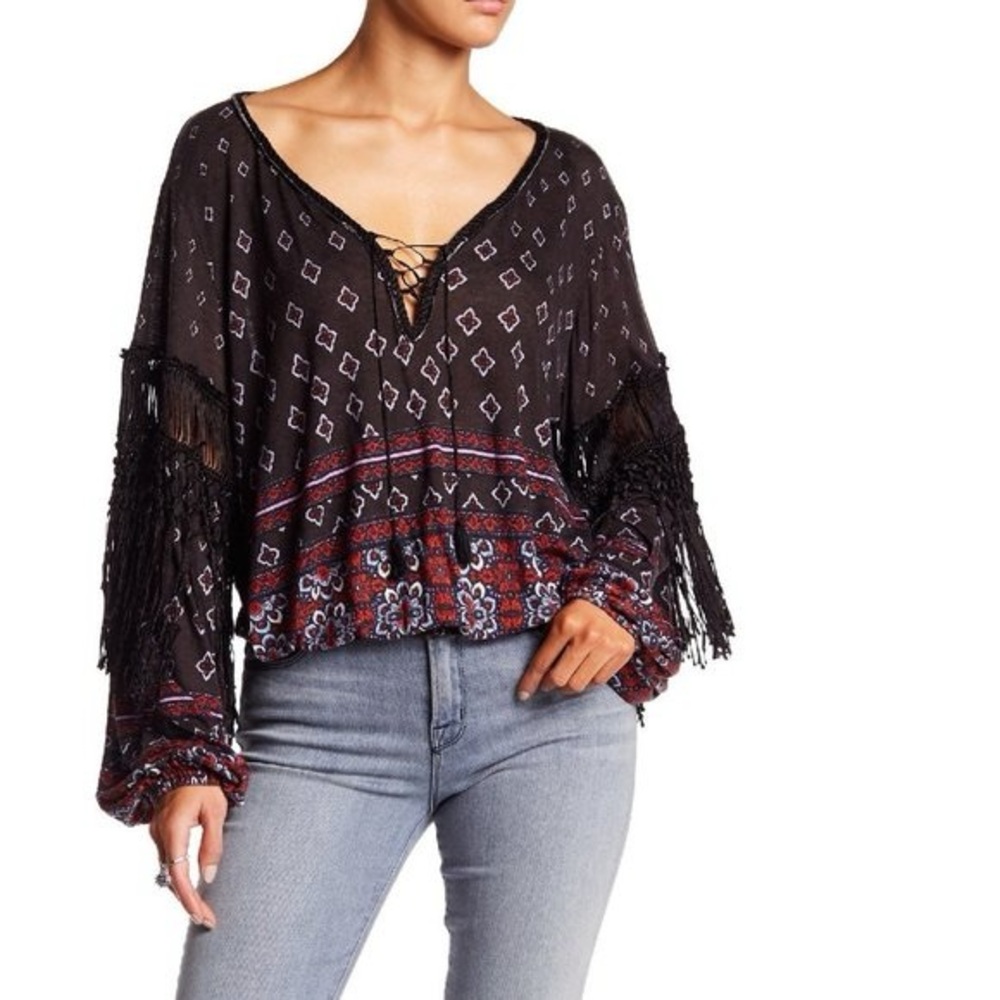 Free People Women's Macra Maze Me Heathered Black Boho Top